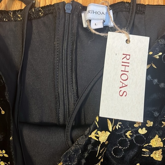 NWT Gorgeous Rihoa’s Velvet Black and Gold Mini Dress Large Zip Back - Picture 4 of 7
